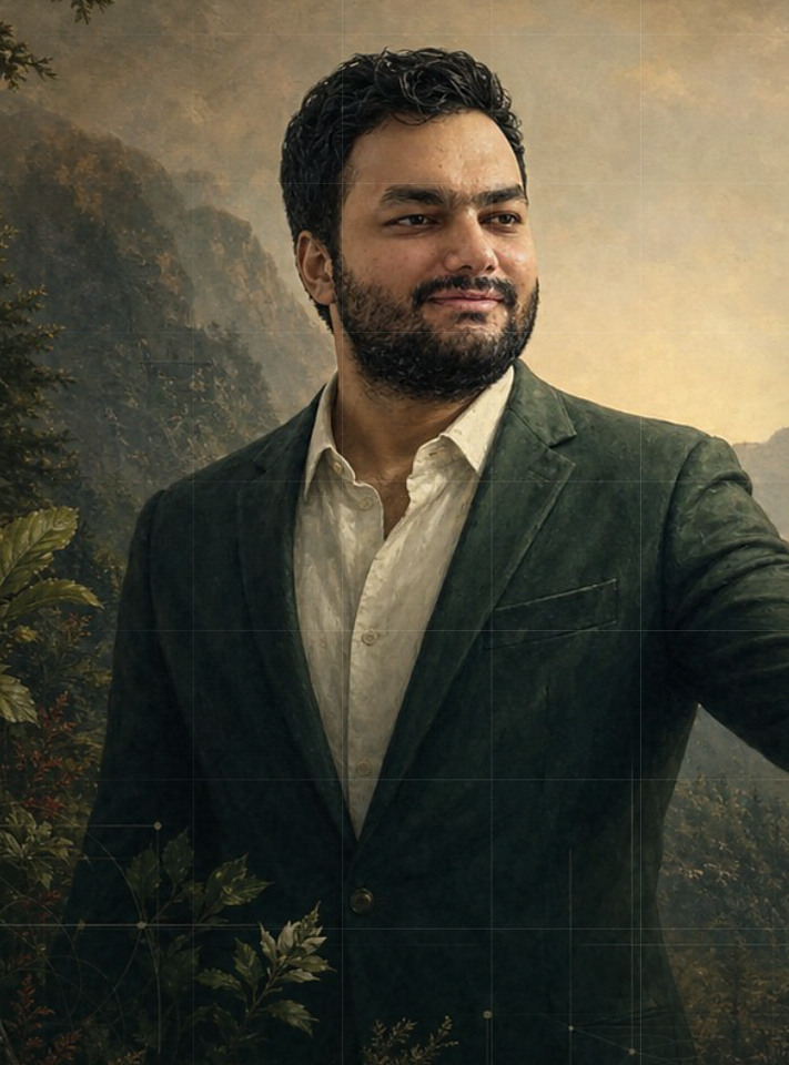 Manish Dadhwal photographed against a painted forest valley at dusk.