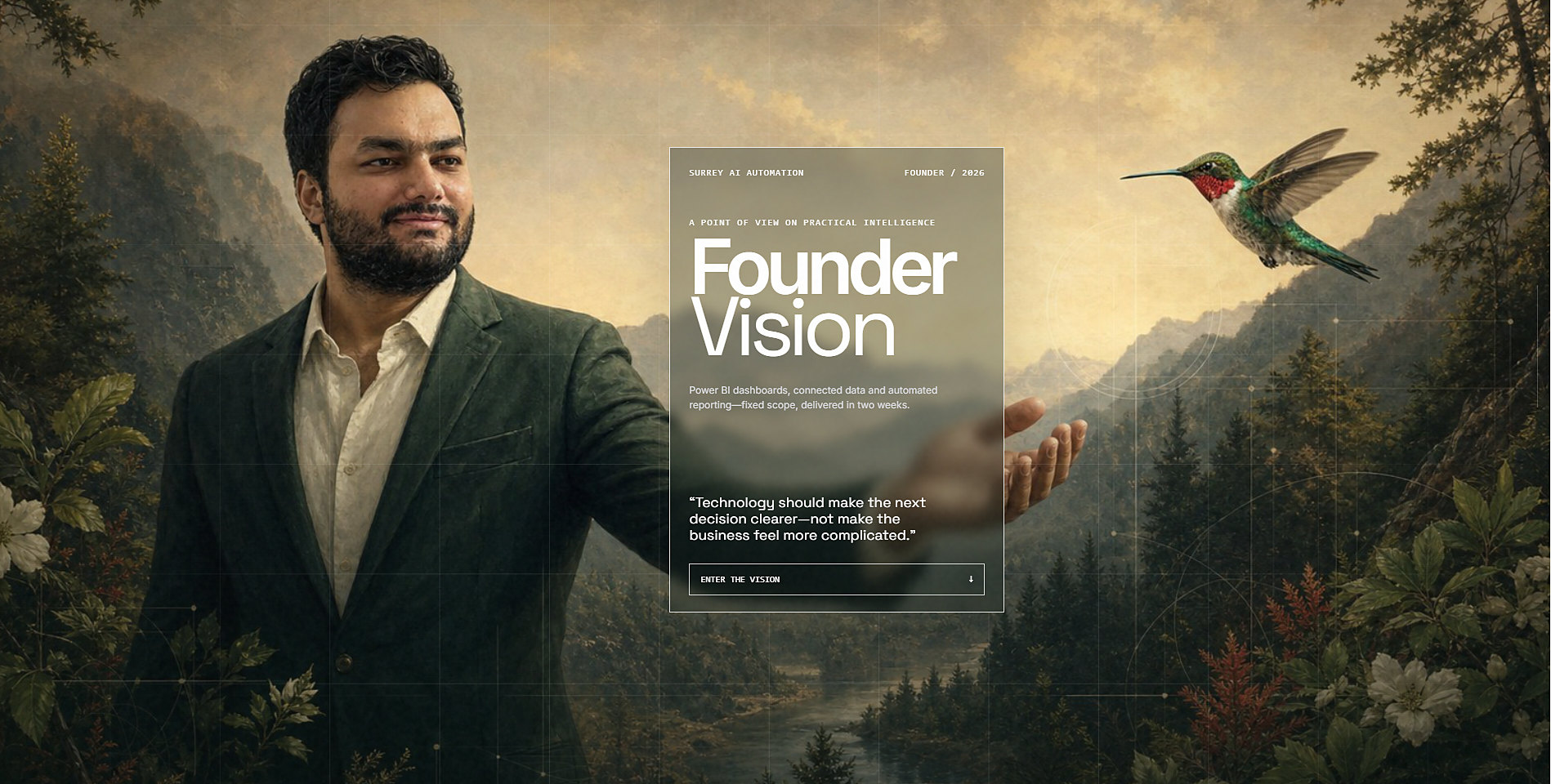 The Surrey AI Automation founder page: a painted forest valley at dusk behind the Founder Vision headline card.